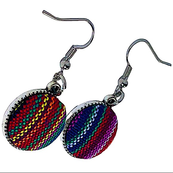 Woven Rainbow Striped Fabric Charm Dangly Earrings NEW - Picture 5 of 6